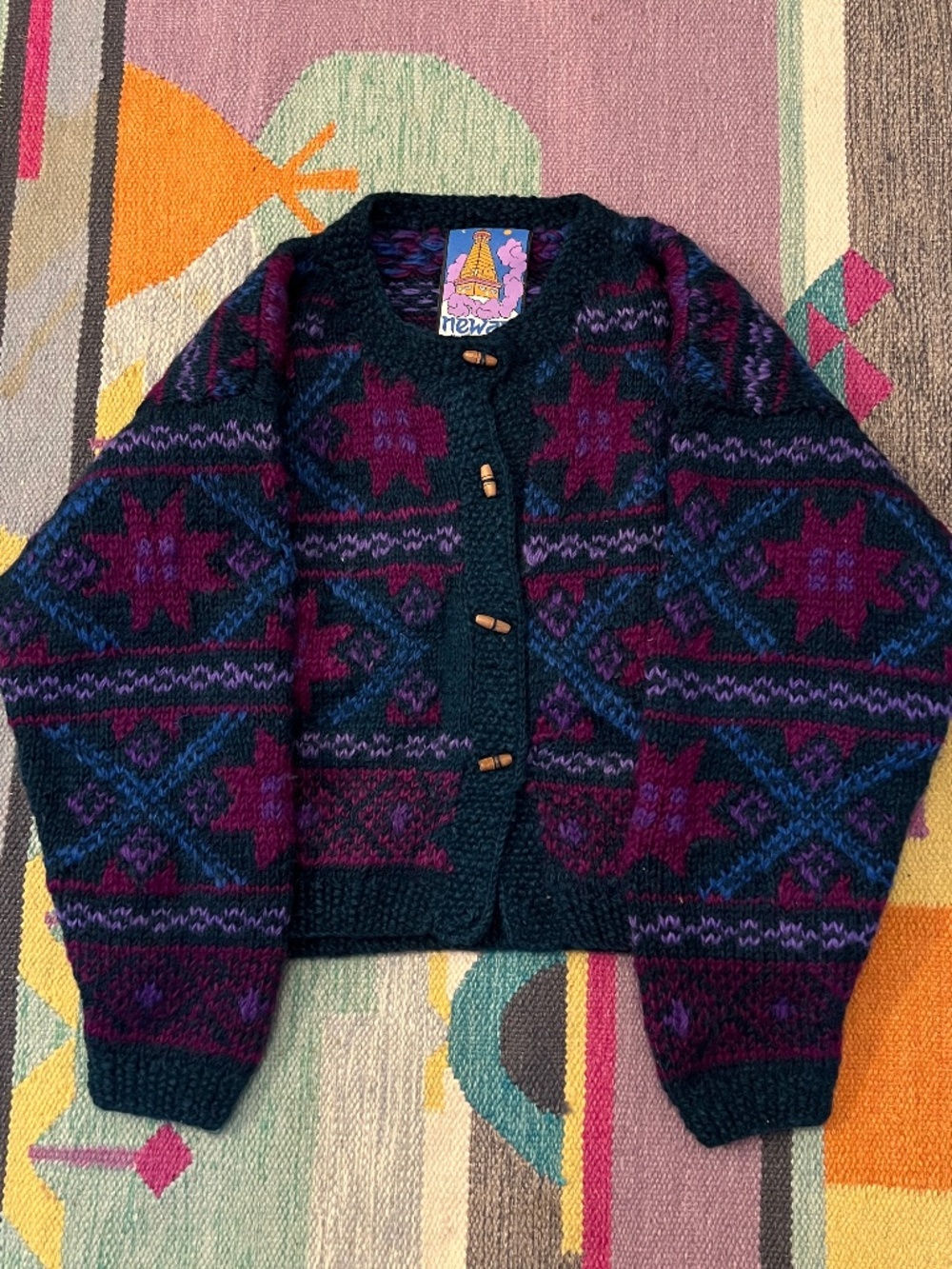 Vintage 90s Newari Wool Cardigan Sweater Nepal Whimsigoth Cropped Wood Toggles